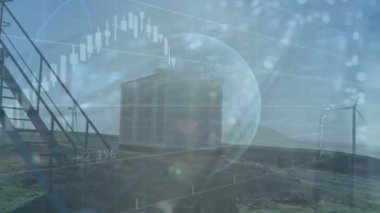 Animation of financial data processing over wind turbine. Global environment, sustainability, wind energy, business, computing and data processing concept digitally generated video.