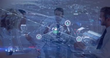 Animation of connected profile icons, aerial view of city over diverse coworkers discussing plans. Digital composite, multiple exposure, building, communication, teamwork and technology concept.