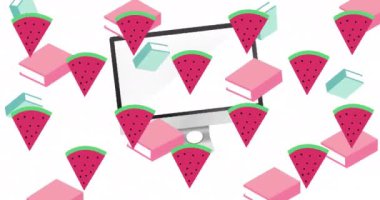 Animation of question mark over watermelon and book icons. Global education and digital interface concept digitally generated video.