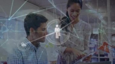 Animation of network of connections over diverse business people talking in office. Global business, finance, computing and data processing concept digitally generated video.