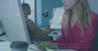 Animation of financial data processing over caucasian businesswoman with computer in office. Global business, finance, computing and data processing concept digitally generated video.