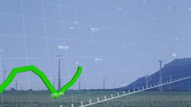 Animation of green line, data processing over wind turbines. Global environment, sustainability, wind energy and data processing concept digitally generated video.