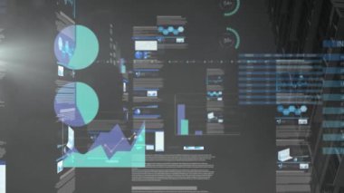Animation of financial data processing over cityscape. Global business, finances, computing and data processing concept digitally generated video.