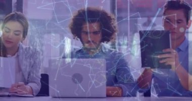 Animation of network of connections with data over business people. Global computing, business, finance and data processing concept digitally generated video.