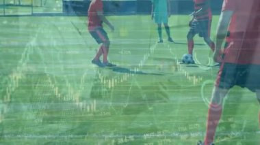 Animation of financial data processing over diverse football players. Global sport, finances and digital interface concept digitally generated video.