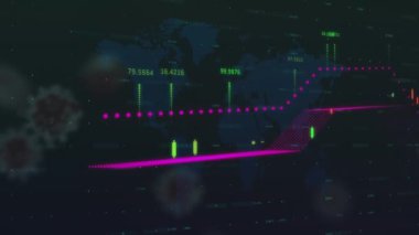 Animation of graphs and virus infected blood cells against map in background. Digitally generated, hologram, global, illustration, report, business, diseases, corona and healthcare concept.