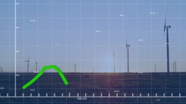 Animation of green line, data processing over wind turbines. Global environment, sustainability, wind energy and data processing concept digitally generated video.
