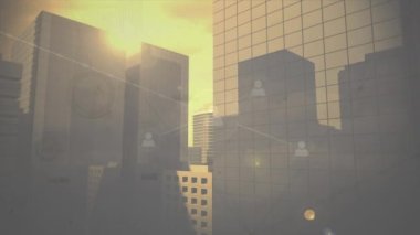 Animation of network of conenctions over cityscape. Global business, finances, computing and data processing concept digitally generated video.