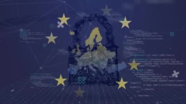 Animation of map of europe, padlock, data processing and flag of eu. Global finance, business, european union and data processing concept digitally generated video.