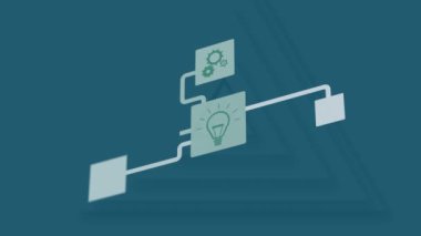 Animation of flow chart of multiple icons over triangles against blue background. Digitally generated, hologram, ideas, security, protection, message, illustration and technology concept.