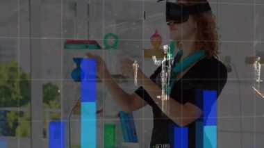 Animation of data processing and world map over caucasian businesswoman using vr headset. Global business, finances and digital interface concept digitally generated video.