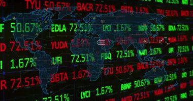 Animation of data processing and stock market over world map on black background. Global business and digital interface concept digitally generated video.