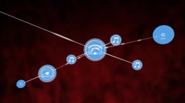 Animation of wifi and music note icons connected with lines against abstract background. Digitally generated, hologram, illustration, communication and wireless technology concept.