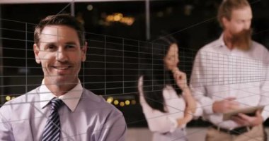 Animation of tunnel in seamless pattern over caucasian businessman smiling at office. Business technology concept