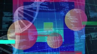 Animation of dna strand with shapes and data processing on black background. Global technology, computing and digital interface concept digitally generated video.