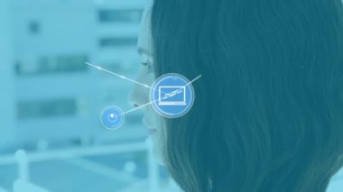 Animation of network of connections with icons over caucasian businesswoman using phone headset. Global business, finance, computing and data processing concept digitally generated video.