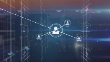 Animation of network of connections with icons over computer servers. Global networks, business, finances, computing and data processing concept digitally generated video.