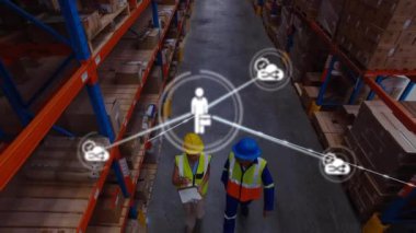 Animation of network of connections over man working in warehouse. Global networks, shipping, business, finances, computing and data processing concept digitally generated video.