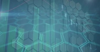 Animation of financial data processing over network of hexagons. Global business, finance, computing, digital interface and data processing concept digitally generated video.