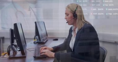 Animation of data processing over caucasian businesswoman using phone headset in office. Global business, finance, computing and data processing concept digitally generated video.