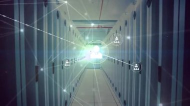 Animation of network of connections over server room. Global business and digital interface concept digitally generated video.
