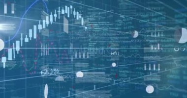 Animation of data processing over statistics. Global business, finances, computing and data processing concept digitally generated video.