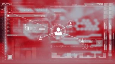 Animation of network of profile icons over interface with data processing against red background. Global networking and business technology concept
