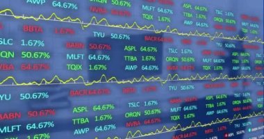 Animation of financial data processing over modern office. Global business, finances, computing, networks and data processing concept digitally generated video.
