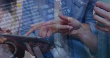 Animation of infographic interface over midsection of caucasian coworkers discussing over technology. Digital composite, multiple exposure, teamwork, database, gesturing, hand, coffee and office.