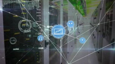 Animation of network of connections with icons and data processing over computer server. Global connections, business, finance, computing and data processing concept digitally generated video.