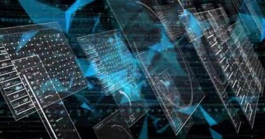 Animation of data processing over scope. Global business, finances, computing and data processing concept digitally generated video.
