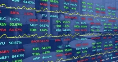 Animation of statistics and financial data processing over modern office. Global business, finances, computing, networks and data processing concept digitally generated video.
