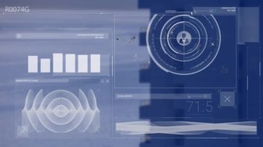 Animation of data processing and media icons over cityscape. Global business and digital interface concept digitally generated video.