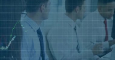 Animation of statistics and financial data processing over business people. Global business, finance, computing and data processing concept digitally generated video.