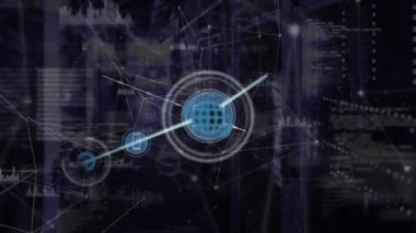 Animation of network of connections with icons and data processing over server room. Global connections, computing and digital interface concept digitally generated video.