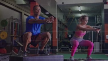 Animation of data processing over diverse sports people at gym. Global sport and digital interface concept digitally generated video.