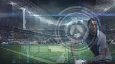 Animation of data processing over african american male rugby player at stadium. Global sports, connections, computing and data processing concept digitally generated video.