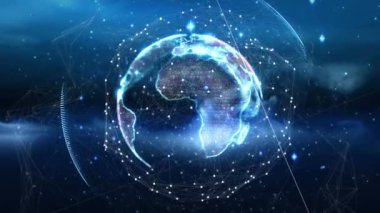 Animation of globe with network of connections and data processing on black background. Global connections, computing and digital interface concept, digitally generated video.