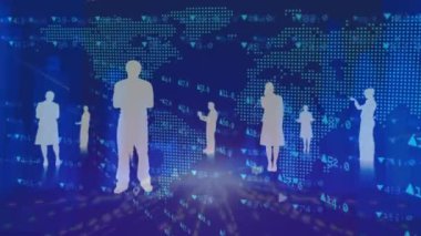 Business people silhouetted against stock market graphics on a blue background. Global business data processing and digital interface concept digitally generated video.