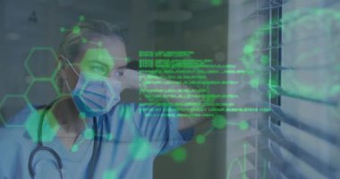 Animation of medical data processing over thoughtful caucasian female doctor looking out of window. Medical research and healthcare technology concept