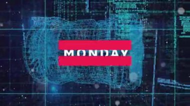 Animation of cyber monday sale text over circular structure and computer language on grid pattern. Digitally generated, hologram, discount, advertisement, coding and technology concept.