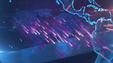 Animation of globe with purple lines and data processing on black background. Global connections, computing and digital interface concept, digitally generated video.