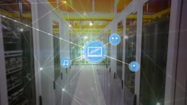 Animation of network of connections and data processing over computer servers. Global business, finance, computing and data processing concept digitally generated video.