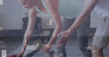 Composite of financial data processing over woman exercising. Global sports, exercise, data processing and computing concept digitally generated video.