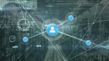 Animation of data processing and icons over server room. Global business and digital interface concept digitally generated video.