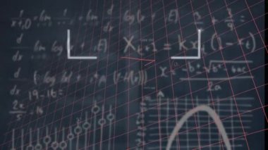 Animation of scope scanning over mathematical equations against blue background. Education and business data technology concept