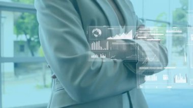 Animation of data processing over caucasian businesswoman. Global connections, business, finance, computing and data processing concept digitally generated video.