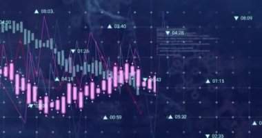Animation of financial data processing over dna structure and covid-19 cell icons on blue background. Medical research and covid-19 pandemic concept