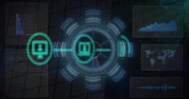 Animation of network of digital icons over round scanner and data processing on black background. Global networking and business technology concept