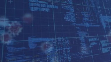 Animation of data processing and covid-19 cells floating against blue background. Covid-19 pandemic and business data technology concept